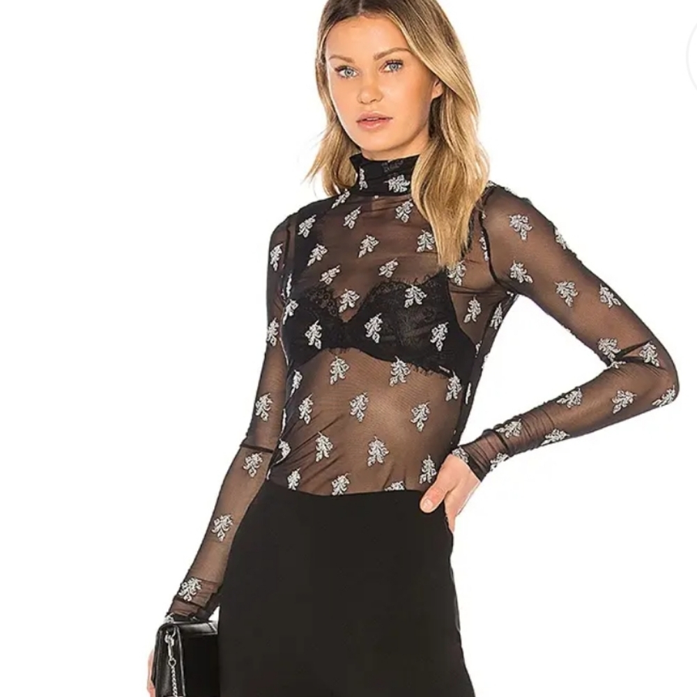 NWT CINQ A SEPT KAYDEN MESH BLACK TURTLENECK TOP SIZE XS